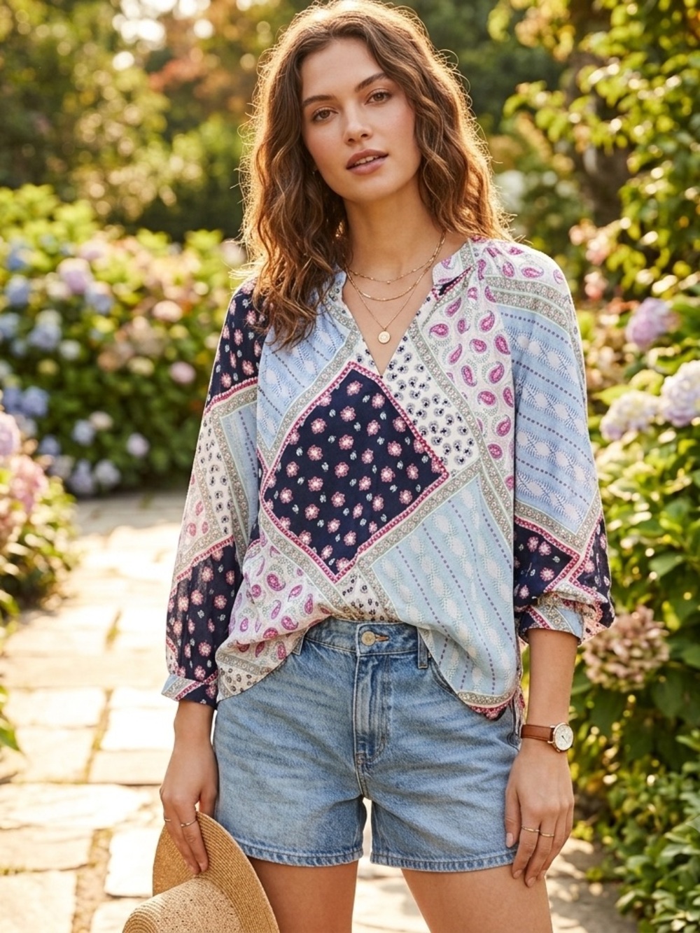 NWT LOFT Sz L Linen Blend Patchwork Blue Paisley Peasant Long Sleeve Top